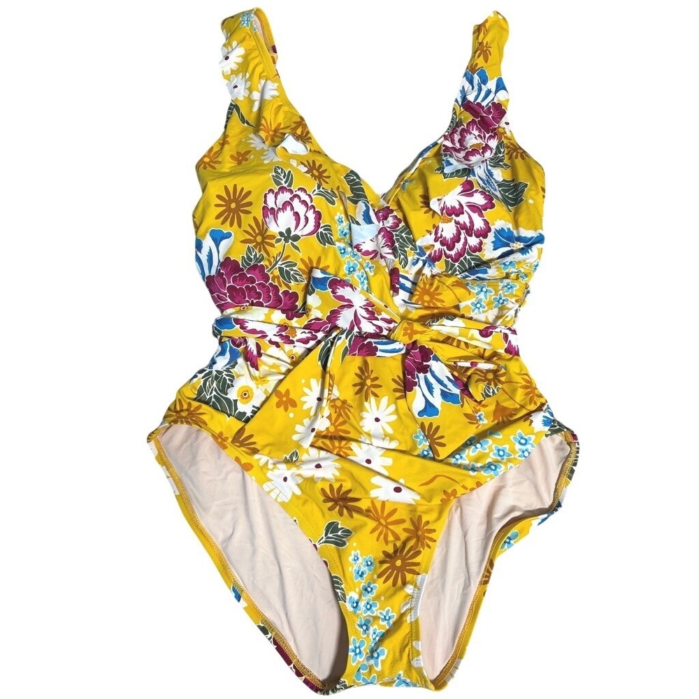 Sundance Women's Size Large‎ Yellow Floral Wrap One Piece Swimsuit Maillot